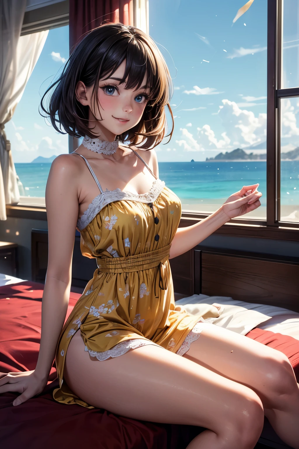 very cute and beautiful girl sitting near window,(floral yellow summer dress with detailed frills),sleeveless,detailed lace,(spread legs,white panties), (highly detailed beautiful face and eyes:1.2),antique hotel bedroom,gorgeous furnitures,balcony,ocean view,summer, cowboy shot,(smile),blush,medium hair,black hair,dynamic angle,(best quality,masterpiece:1.2),(intricate details),ultra-detailed,32k, extremely detailed,highres,solo,natural lighting,light particles,beautiful detailed sky,