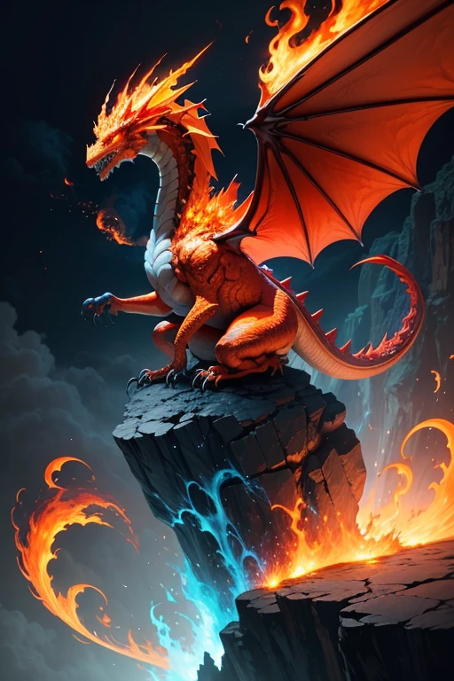 Dragon with flaming wings exhales fire on top of a cliff. The Flaming Dragon breathes fire, volcanes, respirando fuego. energy elements, aura, Onda, particles, and harmony.