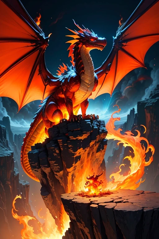 Dragon with flaming wings exhales fire on top of a cliff. The Flaming Dragon breathes fire, volcanes, respirando fuego. energy elements, aura, Onda, particles, and harmony.