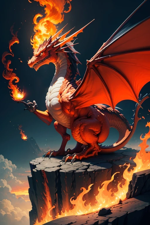 Dragon with flaming wings exhales fire on top of a cliff. The Flaming Dragon breathes fire, volcanes, respirando fuego. energy elements, aura, Onda, particles, and harmony.