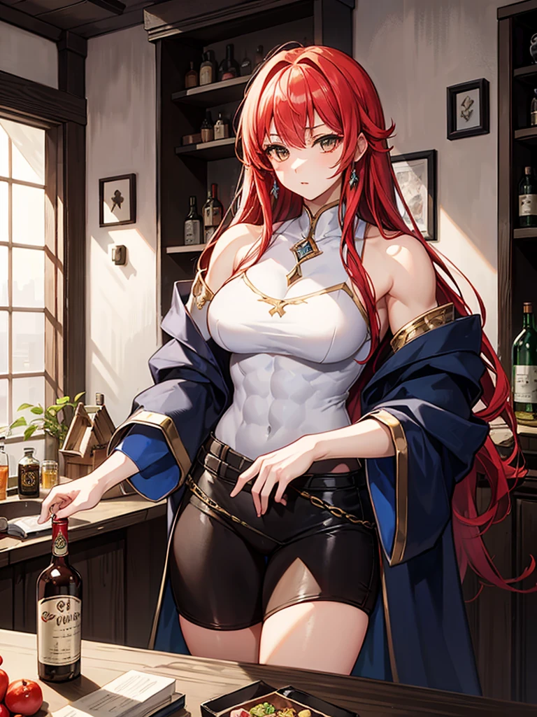 （（（masterpiece、Highest image quality、highest quality、8ｋresolution）））、（（（Illustration of one girl、beautiful girl）））、（adventurer）、（（（neutral）））、（（red hair、long hair、golden eyes））、（（tall））、（（（muscular and strong body、muscle girl、muscle、stocky build、thickset physique、muscular legs、muscular arms、broad shoulders、solid chest）））、（（（manspreading、sitting in a chair）））、（（（Clothing in the style of the Middle Ages、adventurer風の服、adventurer風の装備）））、（Medieval tavern、Liquor bottle on the table）