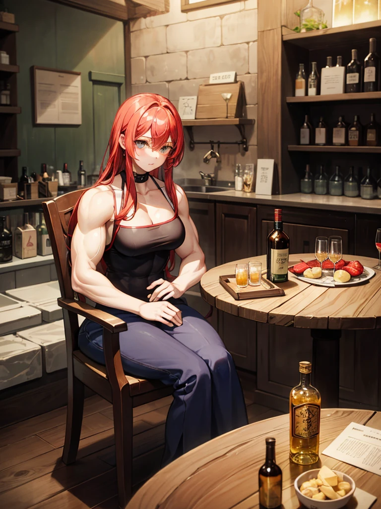 (((masterpiece、Highest image quality、highest quality、8kresolution)))、(((Illustration of one girl、beautiful girl)))、(adventurer)、(((neutral)))、((red hair、long hair、golden eyes))、((tall))、(((muscular and strong body、muscle girl、muscle、stocky build、thickset physique、muscular legs、muscular arms、broad shoulders、solid chest)))、(((manspreading、sitting in a chair)))、(((Clothing in the style of the Middle Ages、adventurer風の服、adventurer風の装備)))、(Medieval tavern、Liquor bottle on the table)