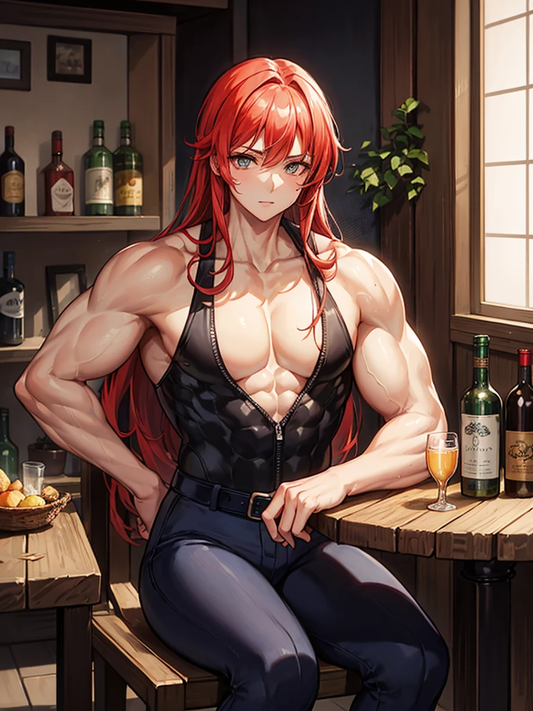 (((masterpiece、Highest image quality、highest quality、8kresolution)))、(((Illustration of one girl、beautiful girl)))、(adventurer)、(((neutral)))、((red hair、long hair、golden eyes))、((tall))、(((muscular and strong body、muscle girl、muscle、stocky build、thickset physique、muscular legs、muscular arms、broad shoulders、solid chest)))、(((manspreading、sitting in a chair)))、(((Clothing in the style of the Middle Ages、adventurer風の服、adventurer風の装備)))、(Medieval tavern、Liquor bottle on the table)