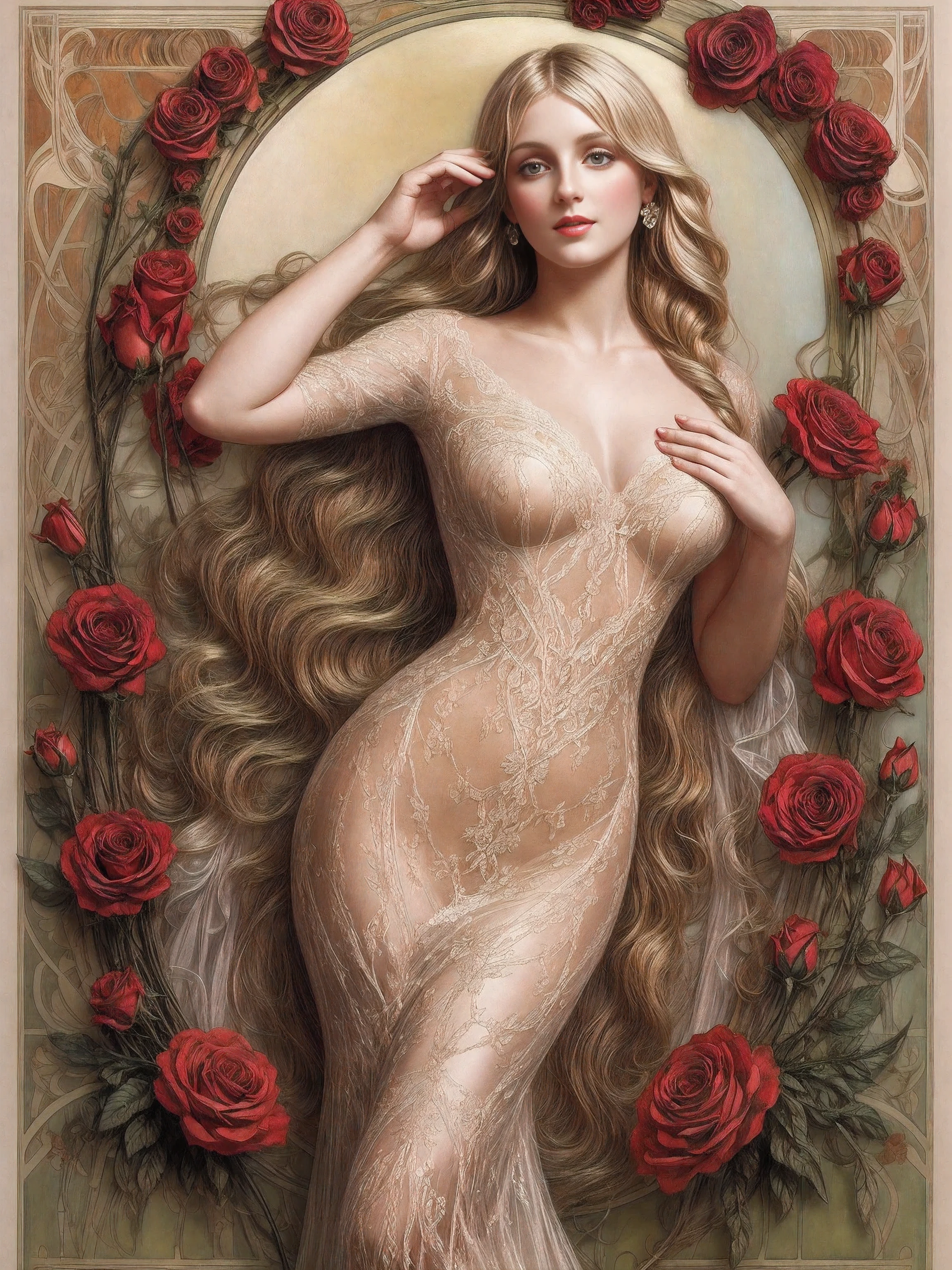 Art Deco illustration of a beautiful blonde woman in a transparent lace dress, Mucha-inspired, glow effect, Retrofuturism, surrounded by red roses and thorns