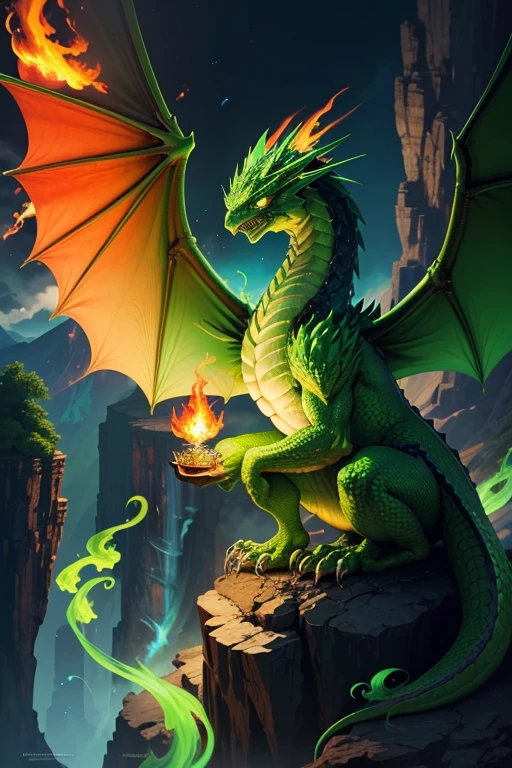 Green dragon with flaming wings exhales fire on top of a cliff. The Flaming Dragon breathes fire, volcanes, respirando fuego. energy elements, aura, Onda, particles, and harmony.