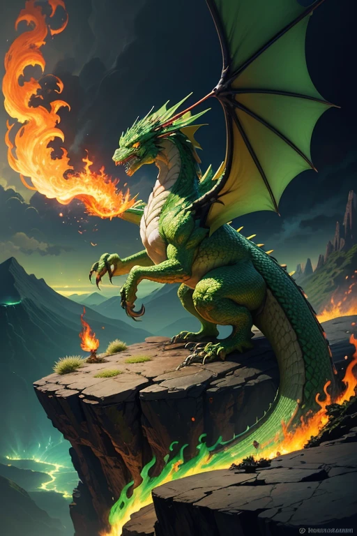 Green dragon with flaming wings exhales fire on top of a cliff. The Flaming Dragon breathes fire, volcanes, respirando fuego. energy elements, aura, Onda, particles, and harmony.