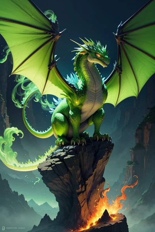 Green dragon with flaming wings exhales fire on top of a cliff. The Flaming Dragon breathes fire, volcanes, respirando fuego. energy elements, aura, Onda, particles, and harmony.