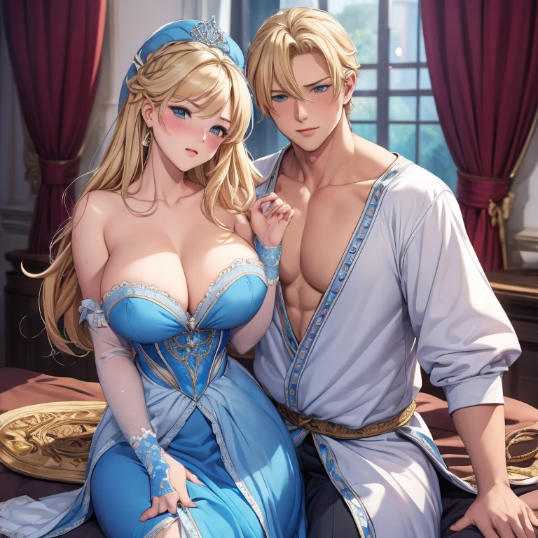 Blushing handsome prince with blond hair grabs blushing Cinderella by her bare chest, голая Cinderella in front of the prince, his palms on her chest, Cinderella in front of the prince, beautiful nipples, shy, Virgin, sexual arousal before sex, In the palace