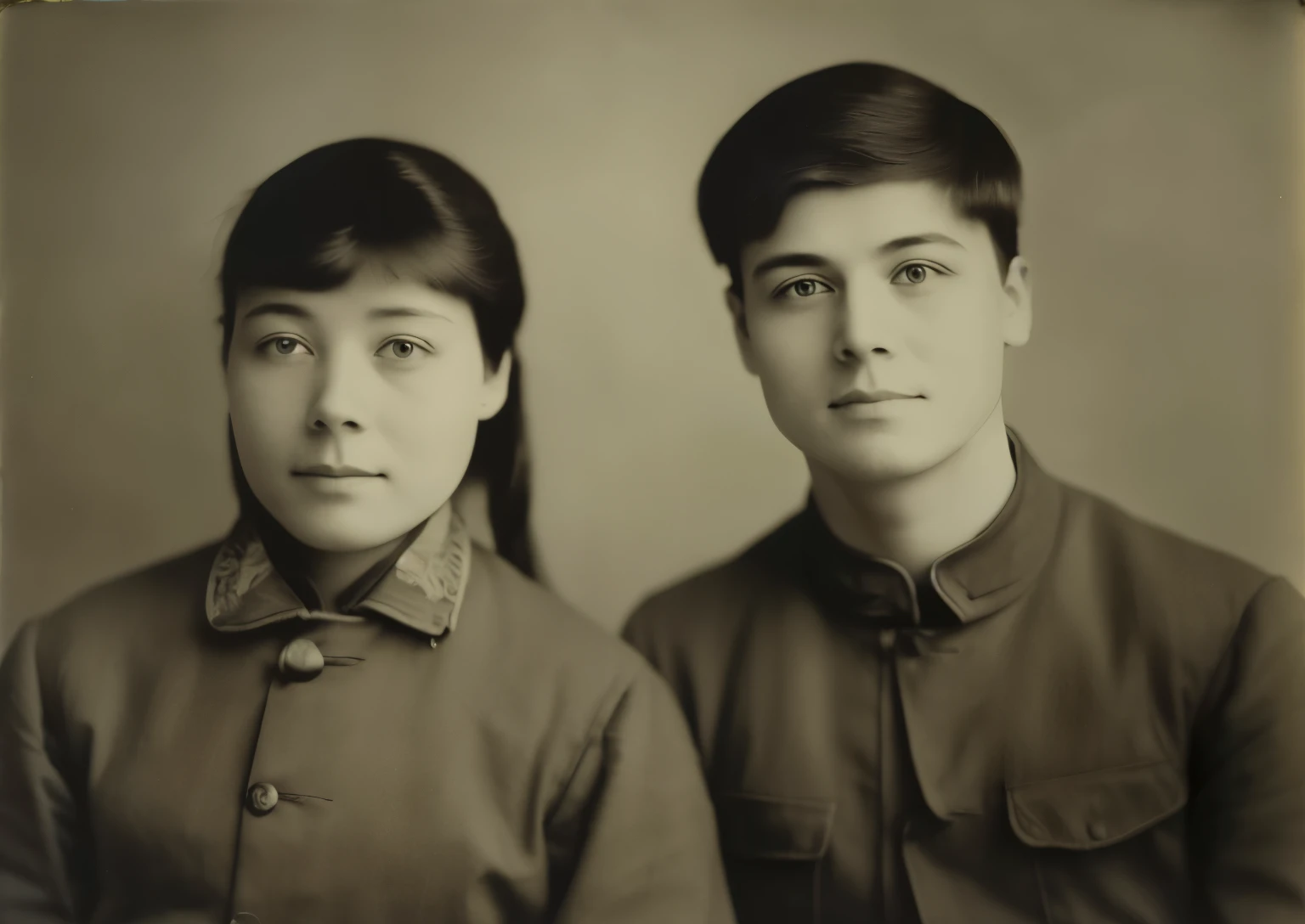 Two people posing together for a photo, portrait of two people, 老Color photosgraph, realistic Old photos, old photos, 老Color photos, a Color photos, ruan jia and fenghua zhong, collodion photos, realistic Old photosgraph, Inspired by Zhang Xiaogang, old style photo, Color photos, Old photos, couples portrait