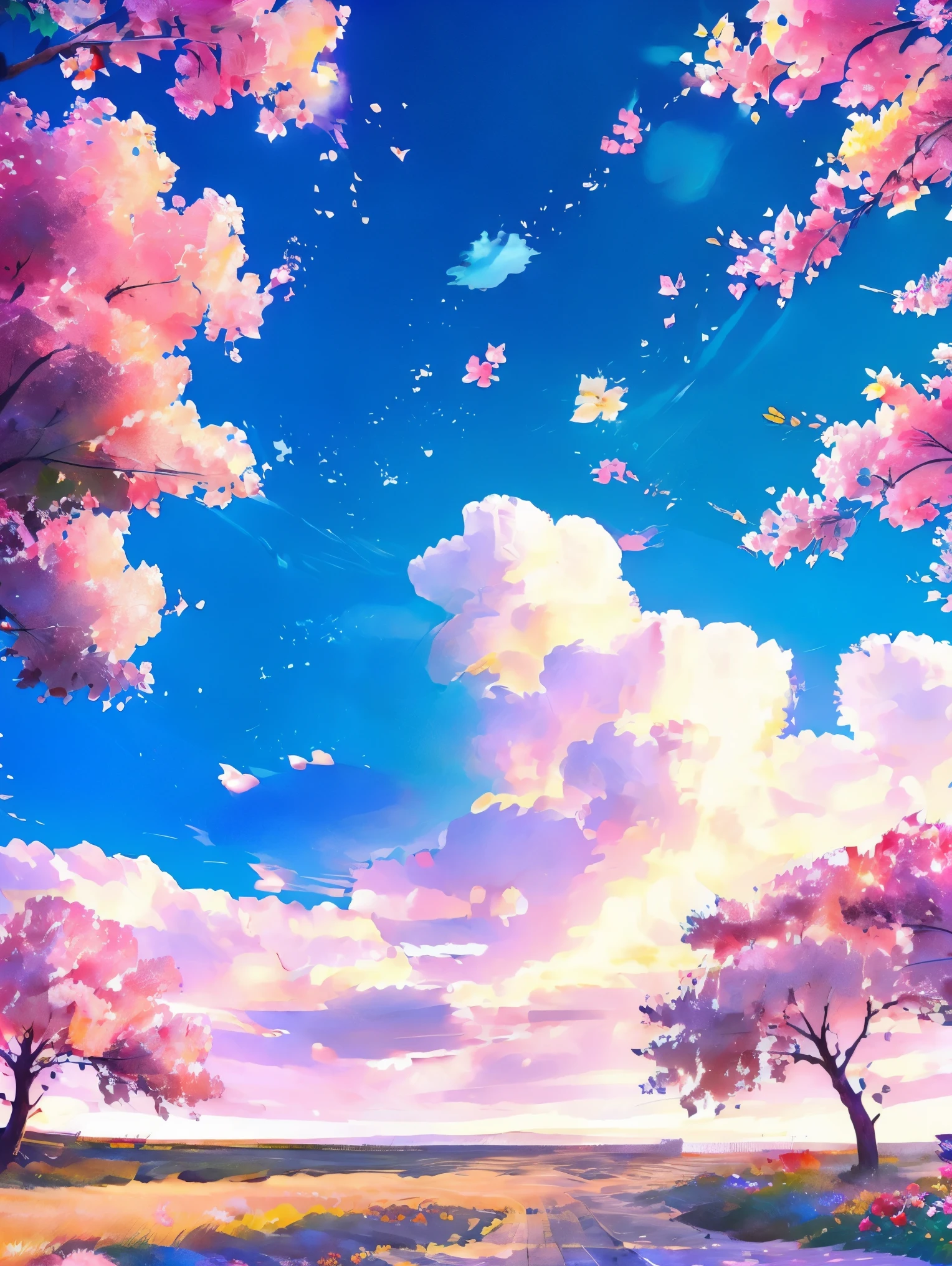 Plain of colorful flowers、One big cherry tree、fantastic scenery、Delicately expressed landscape、realistic expression