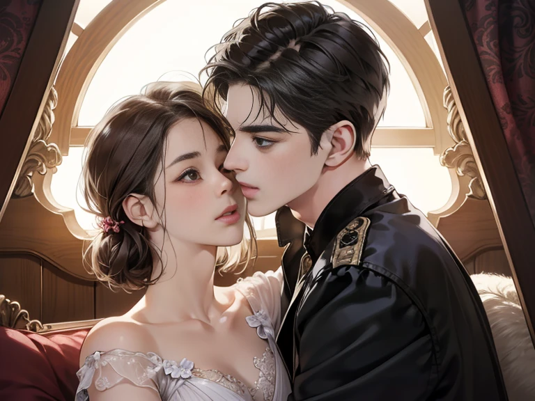"(best quality,4k,8k,highres,masterpiece:1.2),ultra-detailed,(realistic,photorealistic,photo-realistic:1.37),romantic,portrait,beautiful detailed eyes, beautiful detailed lips, extremely detailed eyes and face,longeyelashes,1girl,1boy, long brown bang hair, brown eyes, short black hair, blue eyes, tall boy, romance, dancing, face to face, elegant long purple dress, vivid colors,soft lighting, ballroom background"