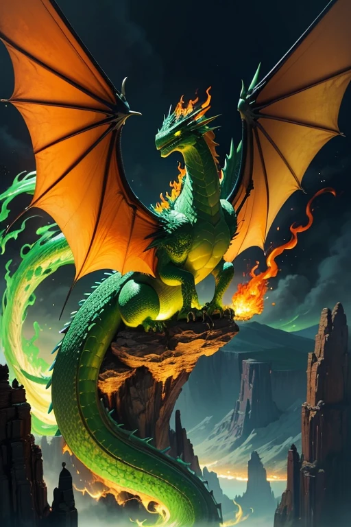 Green dragon with flaming wings exhales fire on top of a cliff. The Flaming Dragon breathes fire, volcanes, respirando fuego. energy elements, aura, Onda, particles, and harmony.