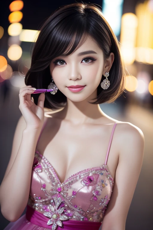 female idol、shiny lip gloss、smiling face、smoky eyeshadow、winged eyeliner、((dramatic lashes))、female silk dress、flowers、colorful short hair(neon fuchsia)、flowers in the hair、conceptual art, High quality, Realistic, extremely detailed CG unified 8k wallpaper, highly detailed, High-definition raw color photos, professional photography, Cinematic Light, Beautiful detailed, Super Detail, high detail, (((Bokeh))), depth of fields, illumination, City Street, Super stylish lighting