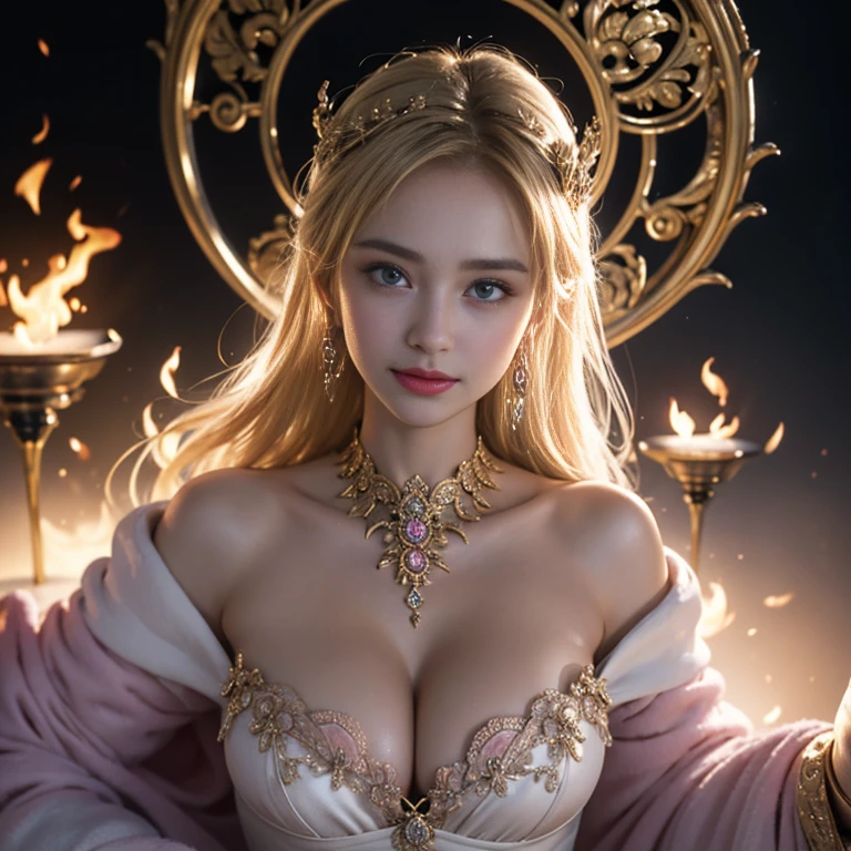masterpiece,Highest image quality,Super details,best quality ,extremely delicate and beautiful, Very detailed,best quality, official art, Extremely detailed CG unified 8k wallpaper, Ana de Armas portrait photo, Blonde hair with black pupils,shiny skin, (beautiful eyes:1.1), beautiful skin, big watery eyes,(detailed lighting:1.2), (Beautiful and detailed light:1.3),The noble goddess wearing the flame robe,Intricate Flame Shroud Details,Gorgeous and complex hollow ultra-thin flame dress,Beautiful udder, The most perfect breast shape,firm breast,Deep cleavage,Naked of breast,complex, digital drawing, Smooth, sharp focus, end of the world, epic reality, (high dynamic range:1.4), (pastel colors:1.4), Revelation,Bright colors, screen space refraction, (intricate details, Super detailed:1.3), art station, lens, complex background, buliding,Beautiful smile,The most beautiful look,Dreamcatcher earrings,The best look,beautiful goddess of fire,