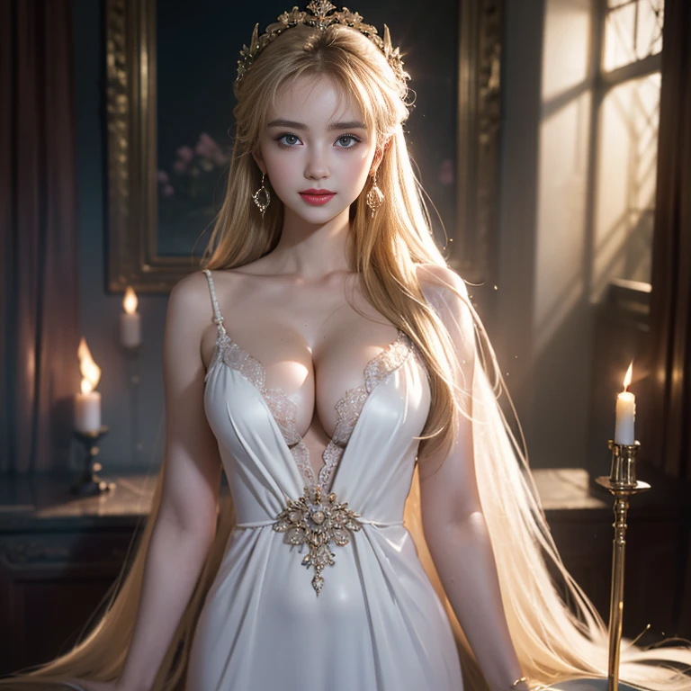 masterpiece,Highest image quality,Super details,best quality ,extremely delicate and beautiful, Very detailed,best quality, official art, Extremely detailed CG unified 8k wallpaper, Ana de Armas portrait photo, Blonde hair with black pupils,shiny skin, (beautiful eyes:1.1), beautiful skin, big watery eyes,(detailed lighting:1.2), (Beautiful and detailed light:1.3),The noble goddess wearing the flame robe,Intricate Flame Shroud Details,Gorgeous and complex hollow ultra-thin flame dress,Beautiful udder, The most perfect breast shape,firm breast,Deep cleavage,Naked of breast,complex, digital drawing, Smooth, sharp focus, end of the world, epic reality, (high dynamic range:1.4), (pastel colors:1.4), Revelation,Bright colors, screen space refraction, (intricate details, Super detailed:1.3), art station, lens, complex background, buliding,Beautiful smile,The most beautiful look,Dreamcatcher earrings,The best look,beautiful goddess of fire,