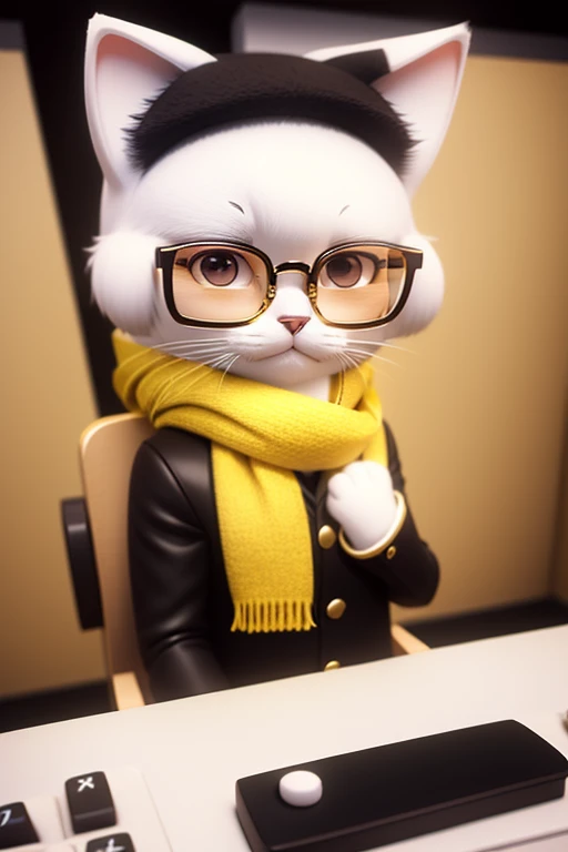 3D,chibi,blindbox,cat, white fur, short fur, gold-rimmed glasses, audience-oriented, colorful scarf,touxiang, whiskers, cool