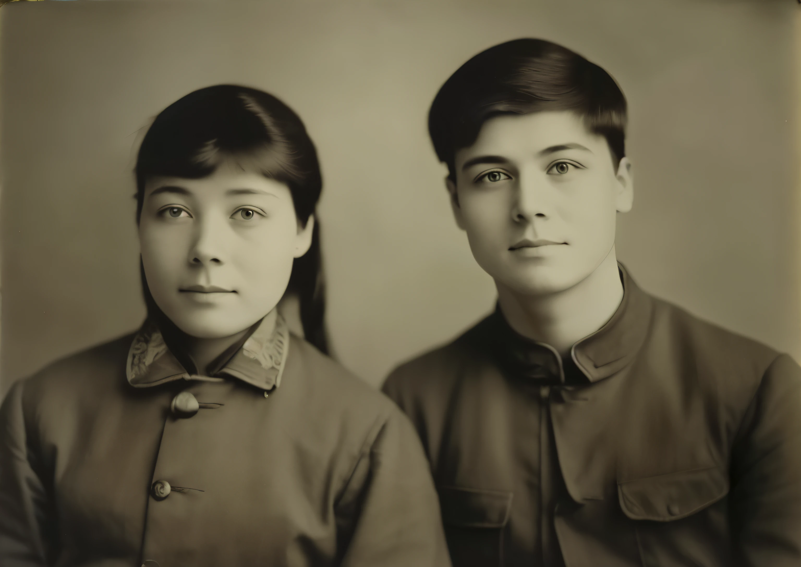 Two people posing together for a photo, portrait of two people, 老Color photosgraph, realistic Old photos, old photos, 老Color photos, a Color photos, ruan jia and fenghua zhong, collodion photos, realistic Old photosgraph, Inspired by Zhang Xiaogang, old style photo, Color photos, Old photos, couples portrait