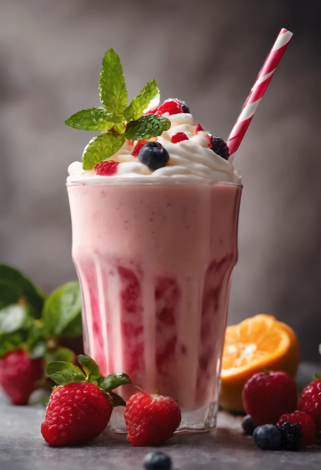 A fruit milkshake drink, full of fruit, dripping, looks cold, has a straw, looks delicious , 8k, high detail