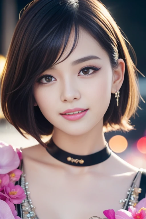 female idol、shiny lip gloss、smiling face、smoky eyeshadow、winged eyeliner、((dramatic lashes))、female silk dress、flowers、colorful short hair(neon fuchsia)、flowers in the hair、conceptual art, High quality, Realistic, extremely detailed CG unified 8k wallpaper, highly detailed, High-definition raw color photos, professional photography, Cinematic Light, Beautiful detailed, Super Detail, high detail, (((Bokeh))), depth of fields, illumination, City Street, Super stylish lighting