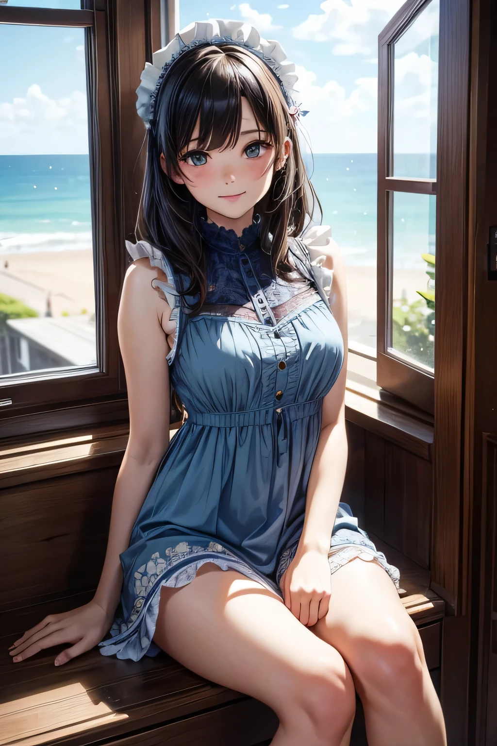 very cute and beautiful girl sitting near window,(floral blue summer dress with detailed frills),sleeveless,detailed lace,(spread legs,white panties), (highly detailed beautiful face and eyes:1.2),antique hotel bedroom with outside view,distant trees and ocean, cowboy shot,(smile),blush,medium hair,black hair,dynamic angle,(best quality,masterpiece:1.2),(intricate details),ultra-detailed,cinematic scene, extremely detailed,highres,solo,natural lighting,light particles,beautiful detailed sky,