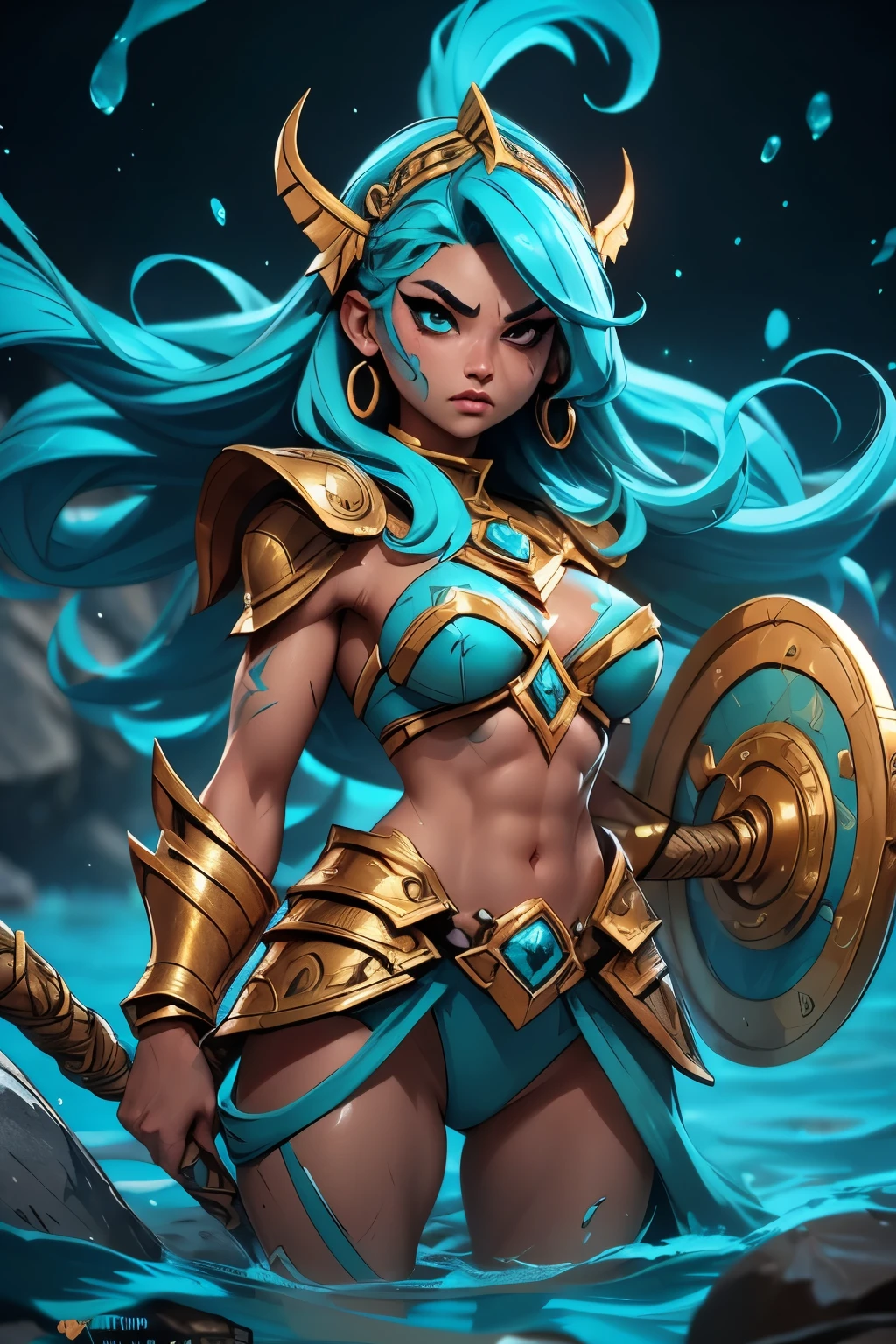 ((NO CLOTHEs)), very angry, strong, supernaturally (beautiful and enchanting Atlantean Barbarian Goddess of War with a, topless armor), and screaming in fury. She is swimming in shallow waves in a dark underground sea cave, lit only by the oceanic bioluminescence that bathes her perfect, irresistible body. Minimalist golden anime style female battle armor and shiny magic. His tanned skin shines with scales. She is athletic, slim, fit, toned, thin and very muscular with a small waist and slender hips. Defined abdominals. She has deeply tanned skin and flowing, shiny hair. Her large, vibrant, bright Asian turquoise eyes stare intensely at the viewer with a predatory, otherworldly fascination. She has intricate aquatic-inspired tattoos all over her body. His face has designs painted on it. Rolling deep shadows.