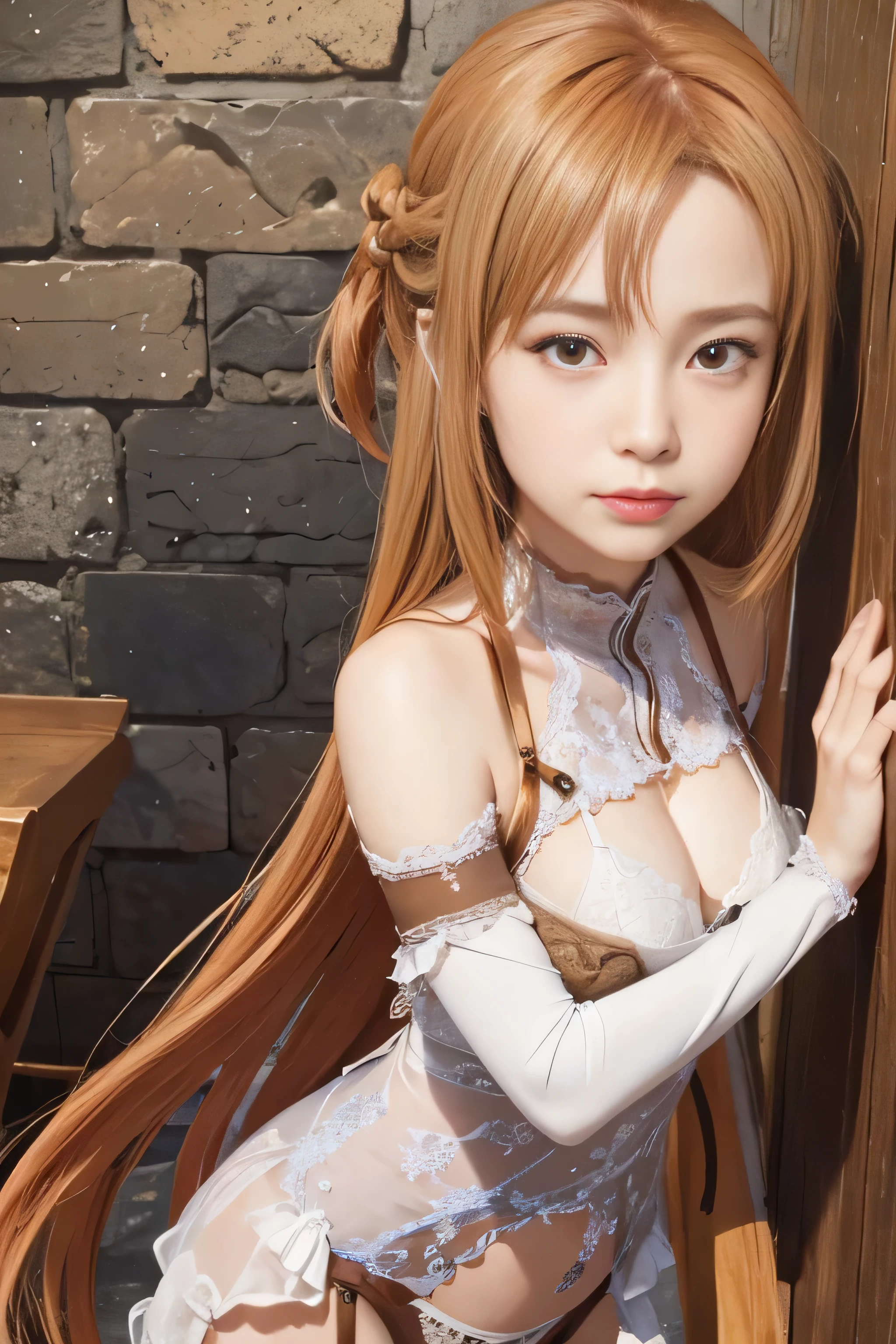 masterpiece, best quality, (realistic,photo-realistic:1.4), (RAW photo:1.2), extremely detailed CG unity 8k wallpaper, delicate and beautiful, amazing,finely detail, official art, absurdres, incredibly absurdres, huge filesize, ultra-detailed,extremely detailed eyes and face,light on face,little smile,asuna yuuki,(caramel hair:1.4),(wearing lingerie:1.4),warehouse,long hair