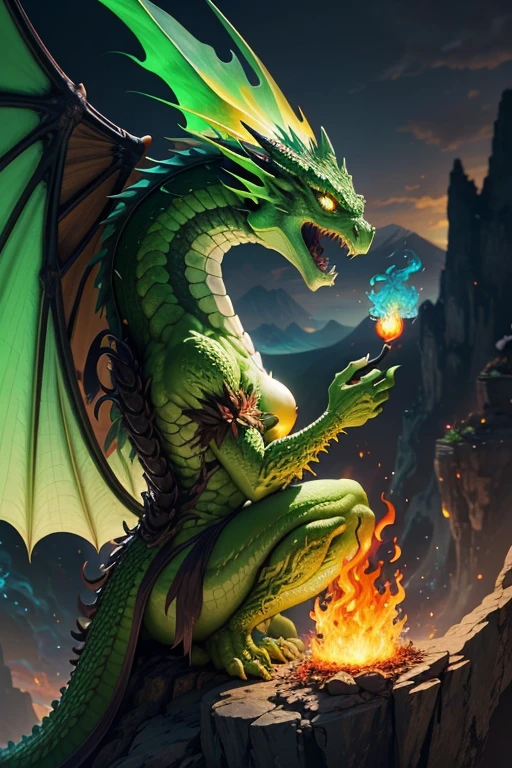 Green dragon with flaming wings exhales fire on top of a cliff. The Flaming Dragon breathes fire, volcanes, respirando fuego. energy elements, aura, Onda, particles, and harmony.