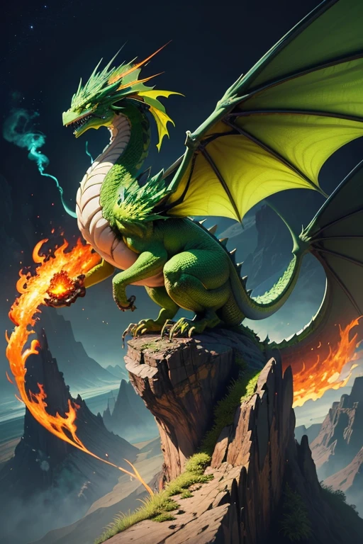Green dragon with flaming wings exhales fire on top of a cliff. The Flaming Dragon breathes fire, volcanes, respirando fuego. energy elements, aura, Onda, particles, and harmony.