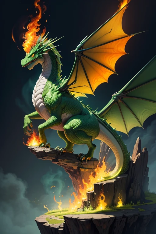 Green dragon with flaming wings exhales fire on top of a cliff. The Flaming Dragon breathes fire, volcanes, respirando fuego. energy elements, aura, Onda, particles, and harmony.