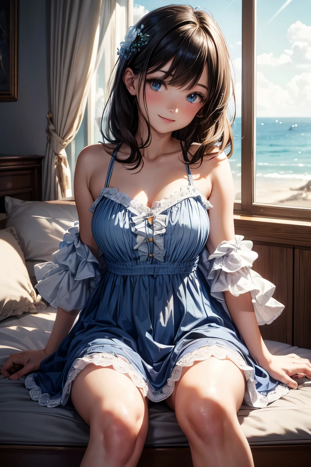 very cute and beautiful girl sitting near window,(floral blue summer dress with detailed frills),sleeveless,detailed lace,(spread legs),(white panties), (highly detailed beautiful face and eyes:1.2),antique hotel bedroom,gorgeous furnitures,balcony,ocean view,summer, cowboy shot,(smile),blush,medium hair,black hair,dynamic angle,(best quality,masterpiece:1.2),(intricate details),ultra-detailed,32k, extremely detailed,highres,solo,natural lighting,light particles,beautiful detailed sky,