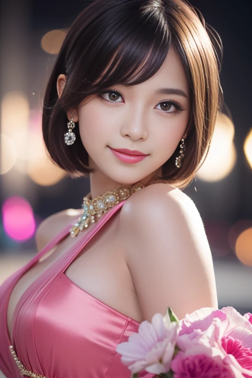 female idol、shiny lip gloss、smiling face、smoky eyeshadow、winged eyeliner、((dramatic lashes))、female silk dress、flowers、colorful short hair(neon fuchsia)、flowers in the hair、conceptual art, High quality, Realistic, extremely detailed CG unified 8k wallpaper, highly detailed, High-definition raw color photos, professional photography, Cinematic Light, Beautiful detailed, Super Detail, high detail, (((Bokeh))), depth of fields, illumination, City Street, Super stylish lighting