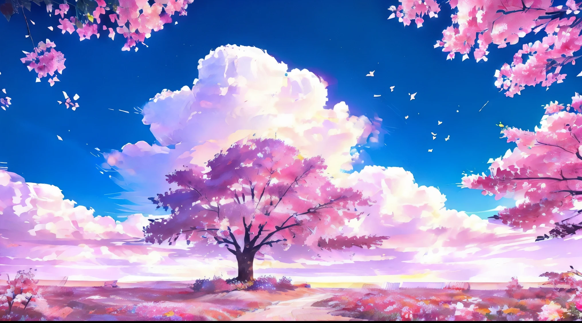 Plain of colorful flowers、One big cherry tree、fantastic scenery、Delicately expressed landscape、realistic expression