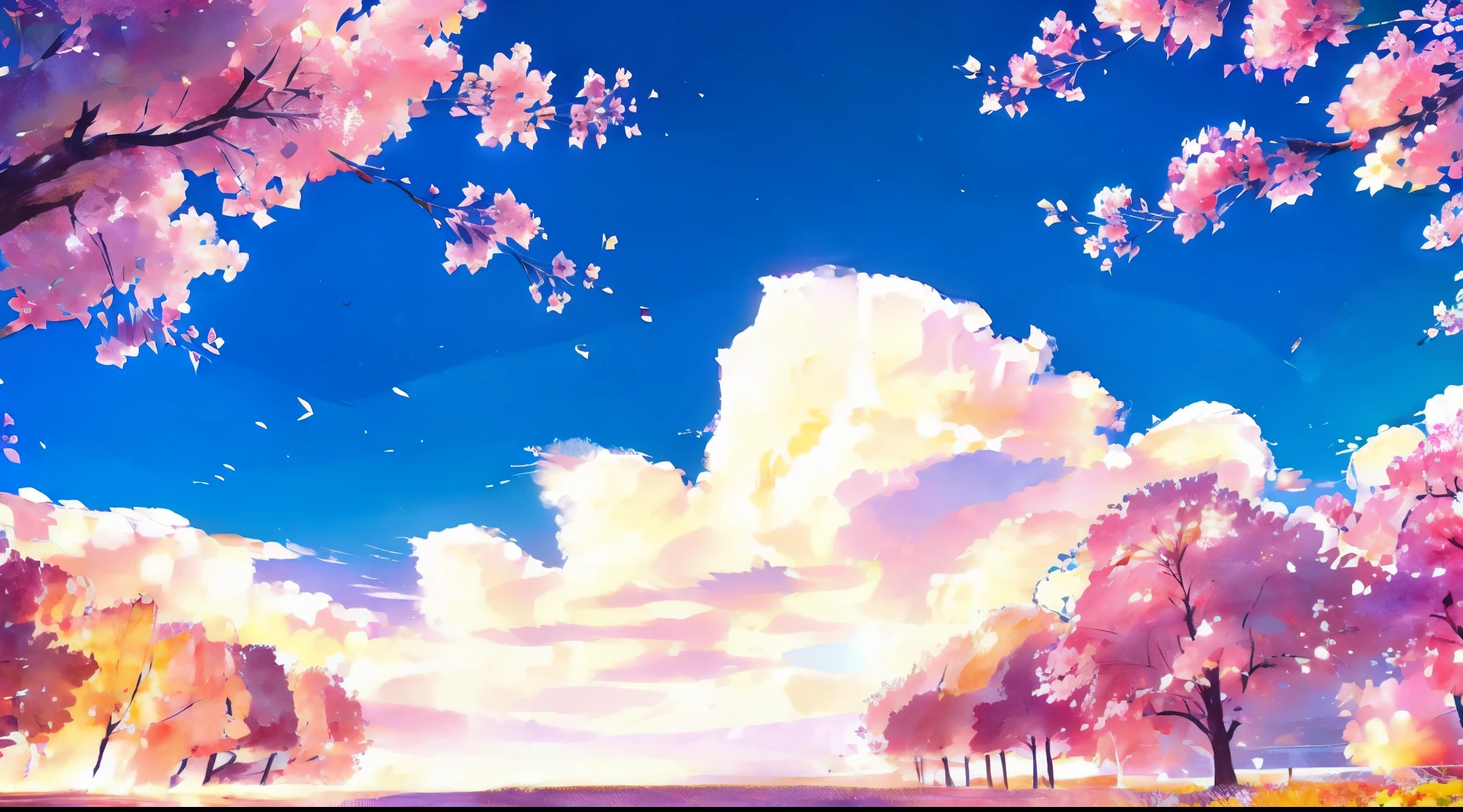 Plain of colorful flowers、One big cherry tree、fantastic scenery、Delicately expressed landscape、realistic expression