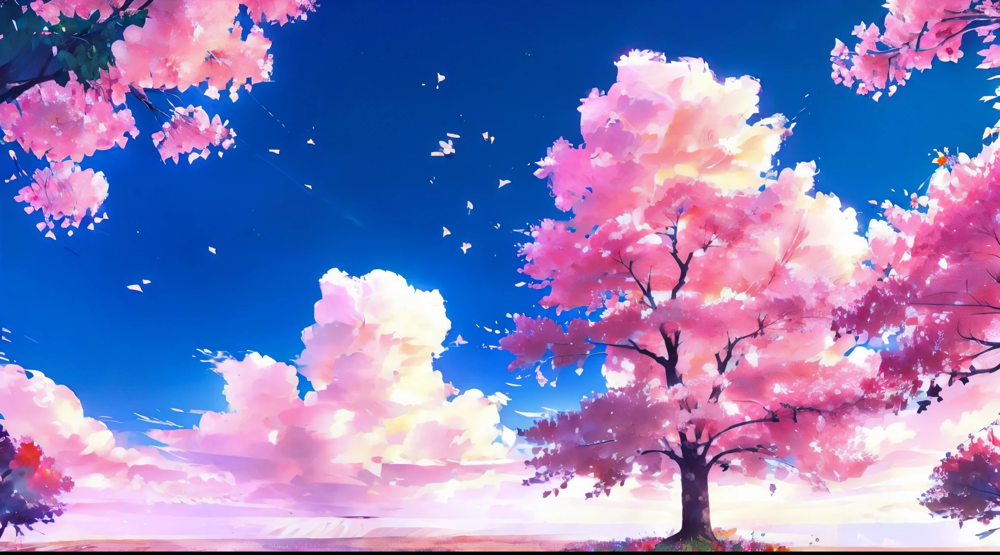 Plain of colorful flowers、One big cherry tree、fantastic scenery、Delicately expressed landscape、realistic expression