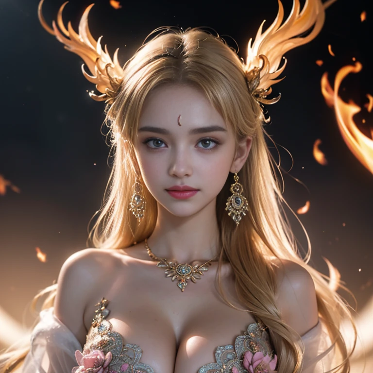 masterpiece，Highest image quality，Super details，best quality ,extremely delicate and beautiful, Very detailed,best quality, official art, Extremely detailed CG unified 8k wallpaper, Ana de Armas portrait photo, Blonde hair with black pupils，shiny skin,  (beautiful eyes:1.1), beautiful skin, big watery eyes，(detailed lighting:1.2), (Beautiful and detailed light:1.3),The noble goddess wearing the flame robe，Intricate Flame Shroud Details，Gorgeous and complex hollow ultra-thin flame dress，Beautiful udder, The most perfect breast shape，firm breast，Deep cleavage，Naked of breast，complex, digital drawing, Smooth, sharp focus, end of the world, epic reality, (high dynamic range:1.4), (pastel colors:1.4), Revelation，Bright colors, screen space refraction, (intricate details, Super detailed:1.3), art station, lens, complex background, buliding，Beautiful smile，The most beautiful look，Dreamcatcher earrings，The best look，The noble, beautiful and dignified goddess of fire，