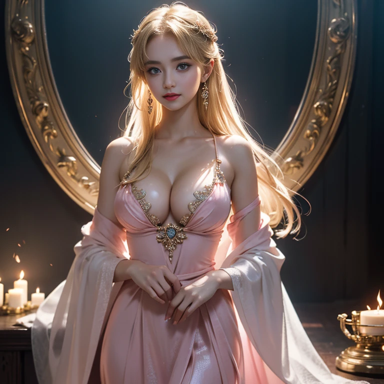 masterpiece,Highest image quality,Super details,best quality ,extremely delicate and beautiful, Very detailed,best quality, official art, Extremely detailed CG unified 8k wallpaper, Ana de Armas portrait photo, Blonde hair with black pupils,shiny skin, (beautiful eyes:1.1), beautiful skin, big watery eyes,(detailed lighting:1.2), (Beautiful and detailed light:1.3),The noble goddess wearing the flame robe,Intricate Flame Shroud Details,Gorgeous and complex hollow ultra-thin flame dress,Beautiful udder, The most perfect breast shape,firm breast,Deep cleavage,Naked of breast,complex, digital drawing, Smooth, sharp focus, end of the world, epic reality, (high dynamic range:1.4), (pastel colors:1.4), Revelation,Bright colors, screen space refraction, (intricate details, Super detailed:1.3), art station, lens, complex background, buliding,Beautiful smile,The most beautiful look,Dreamcatcher earrings,The best look,The noble, beautiful and dignified goddess of fire,
