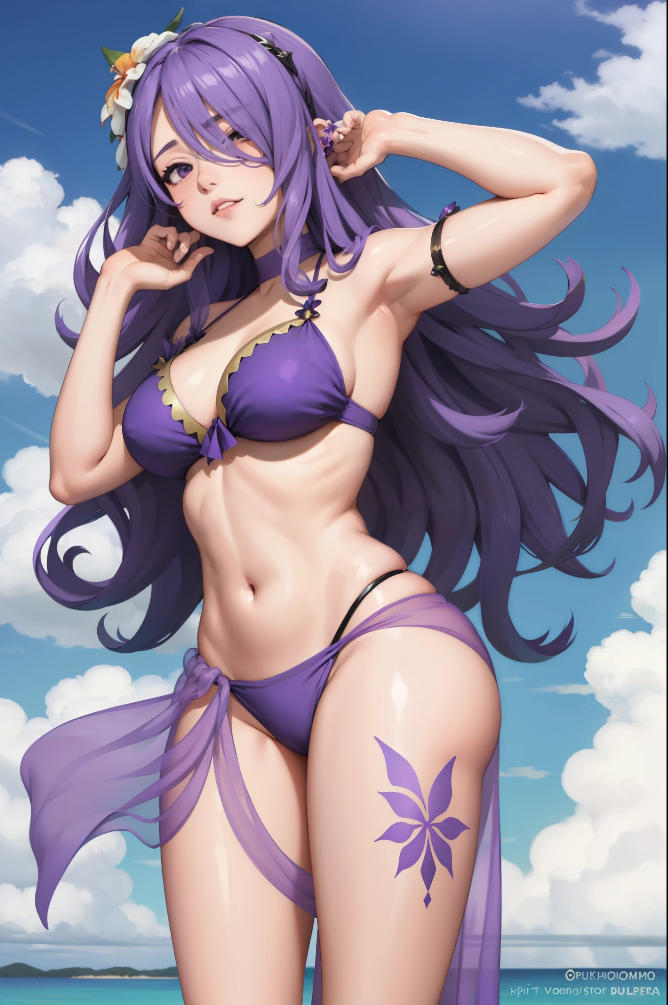 masterpiece, best quality, sumCamilla, hair flower, purple bikini, sarong, see-through