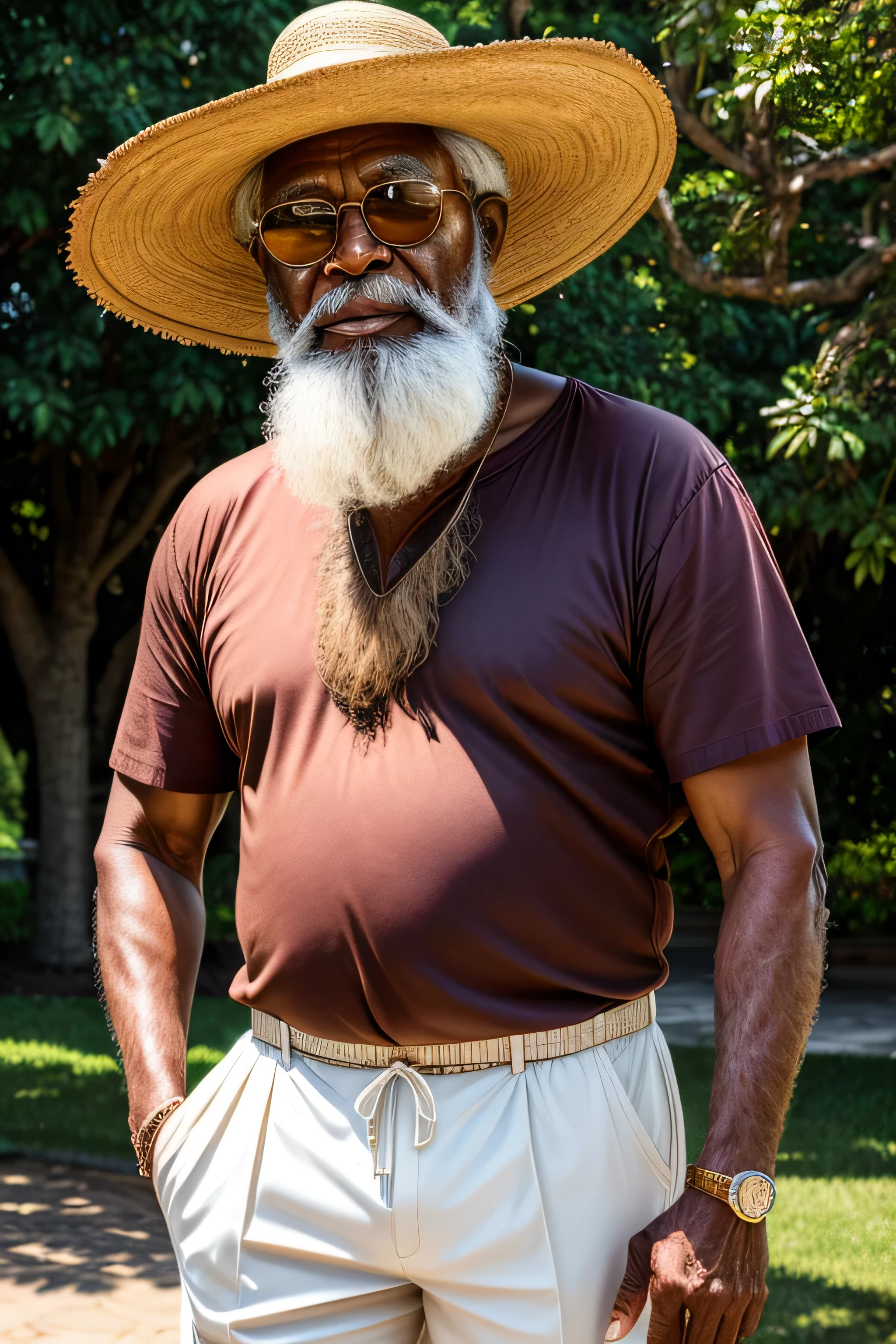 best quality, ultra-high resolution, (photorealistic: 1.4), masterpiece, 165 year old man, dark skin color, brown eyes, from behind, skin cut, white hair and beard, lips, straw hat , sunglasses, flip-flops, pants and shirt, nose, photo_\(medium\), photorealistic, realistic, soil, teeth, full body.