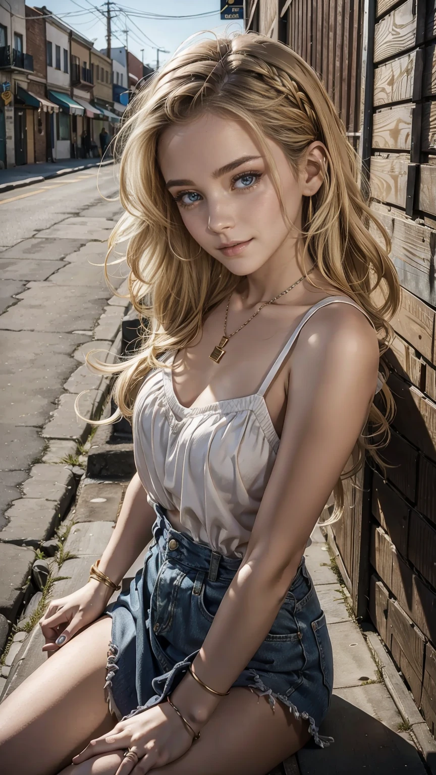 25-year-old Caucasian woman、Blonde gradient color、Eye color is blue、medium long hair、hair is wavy、Wearing accessories on the neck、Wearing a necklace、high resolution、Fine skin、smile、I&#39;m wearing a hair band、I&#39;m wearing a wristband、I'm holding a cat、I&#39;m sitting in a back alley in the downtown area