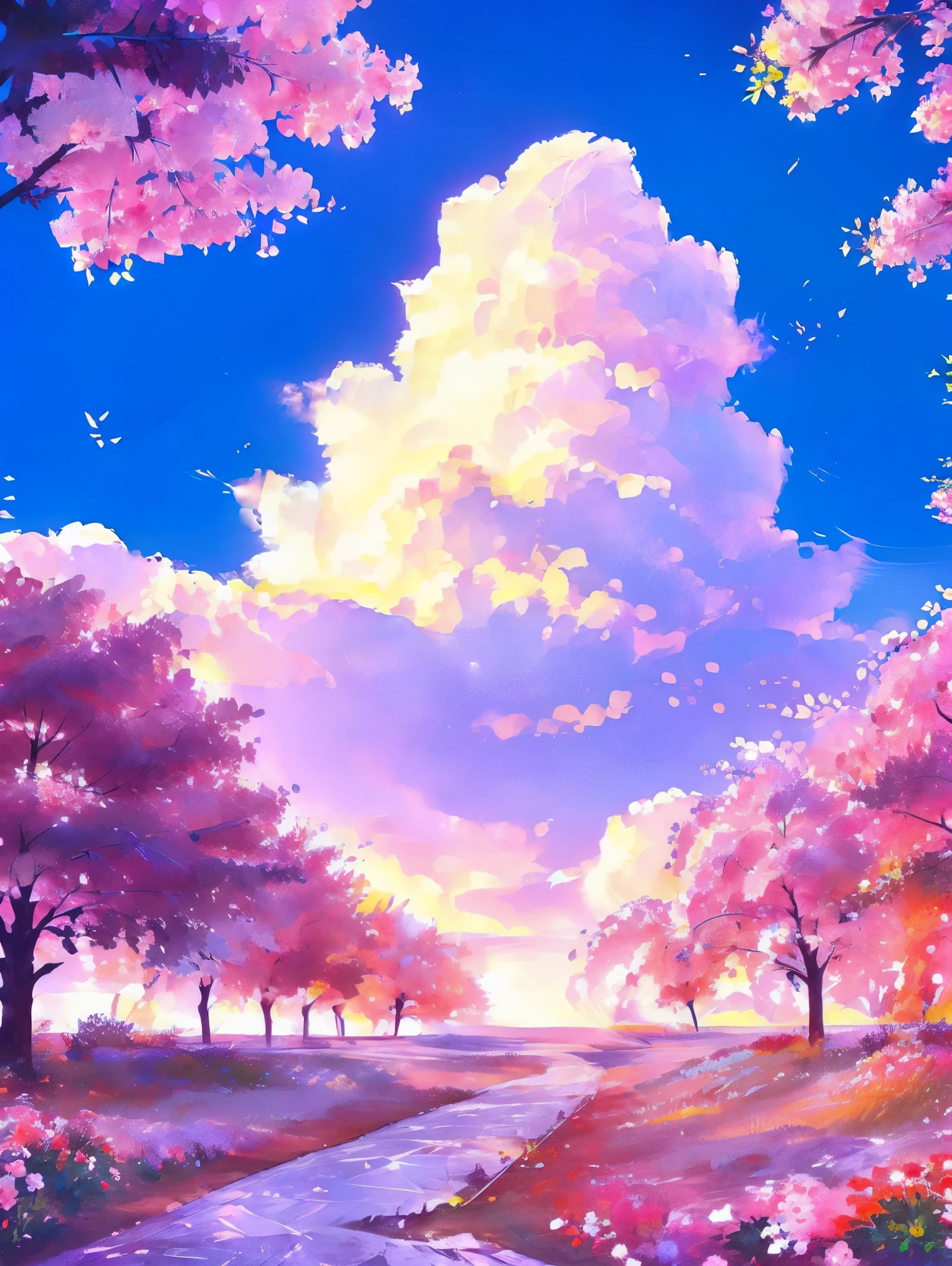 Plain of colorful flowers、One big cherry tree、fantastic scenery、Delicately expressed landscape、realistic expression