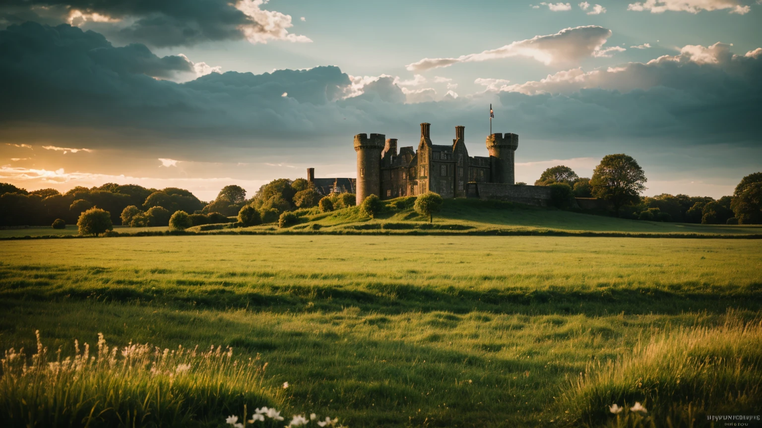 a realistic photo of a english castle on a plain in spring, with a typical English village from the year 1400 around the castle, very cloudy sky at sunset, hyperrealistic, masterpiece, best quality, maximum quality, intricate details, ultrasharp, ambient occlusion, realistic shadows, 8k, muted colors, high contrast, (natural skin texture, hyperrealism, soft light, sharp), Cannon EOS 5D Mark III, 85mm