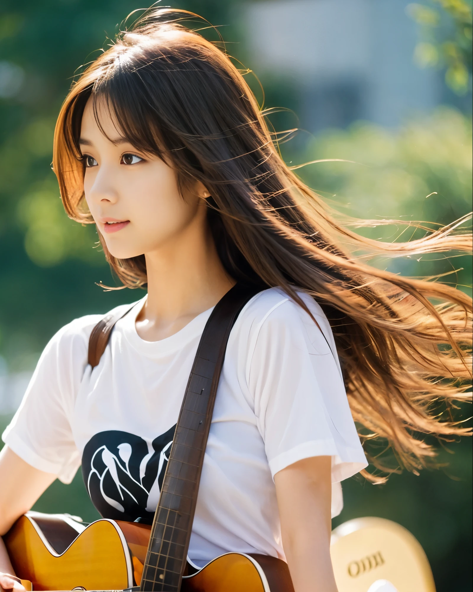 beautiful japanese woman big magical eyes delicate and complex brown hair long hair fluttering in the wind intricately disheveled hair smooth soft skin attractive lips playing the guitar black t-shirt skirt perfect correct hand shape perfect correct finger shape Sunshine Uplifting