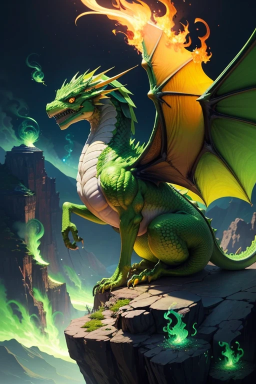 Green dragon with flaming wings exhales fire on top of a cliff. The Flaming Dragon breathes fire, volcanes, respirando fuego. energy elements, aura, Onda, particles, and harmony.