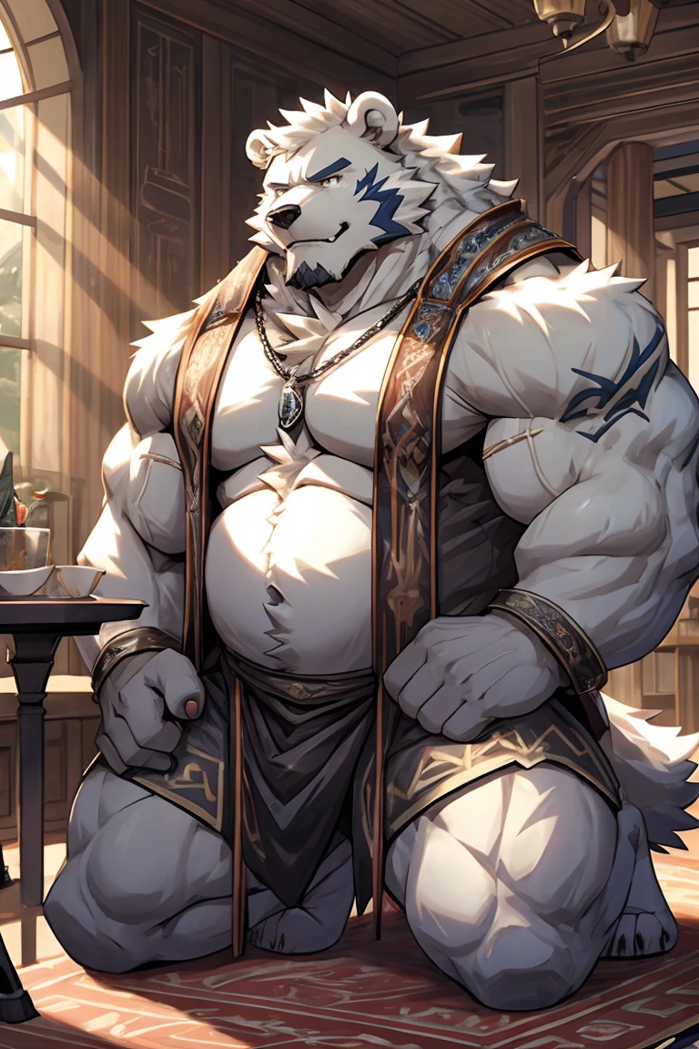 Aix:detailed sword,Detailed hands,Detailed hands指,Strong chubby furry male white wolf bear swordsman,Detailed RPG background,white hair,Blackbeard,huge and powerful arms,Huge and strong chest muscles,huge and powerful belly,Praying emoticon,Smile,Kneeling on both knees,super detailed,intricate details,Sunlight,House background,Waiter package