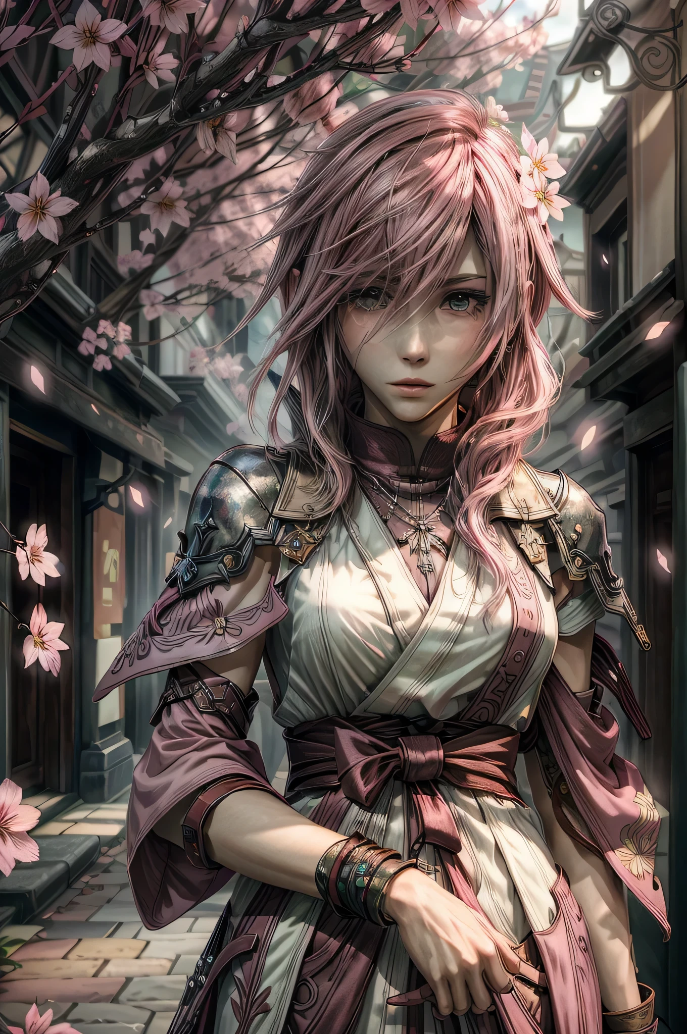 (masterpiece, highest quality:1.3)
Lightning FF13, 1 girl, alone, pink hair, Yukata, Japan, cherry blossoms, hair ornaments