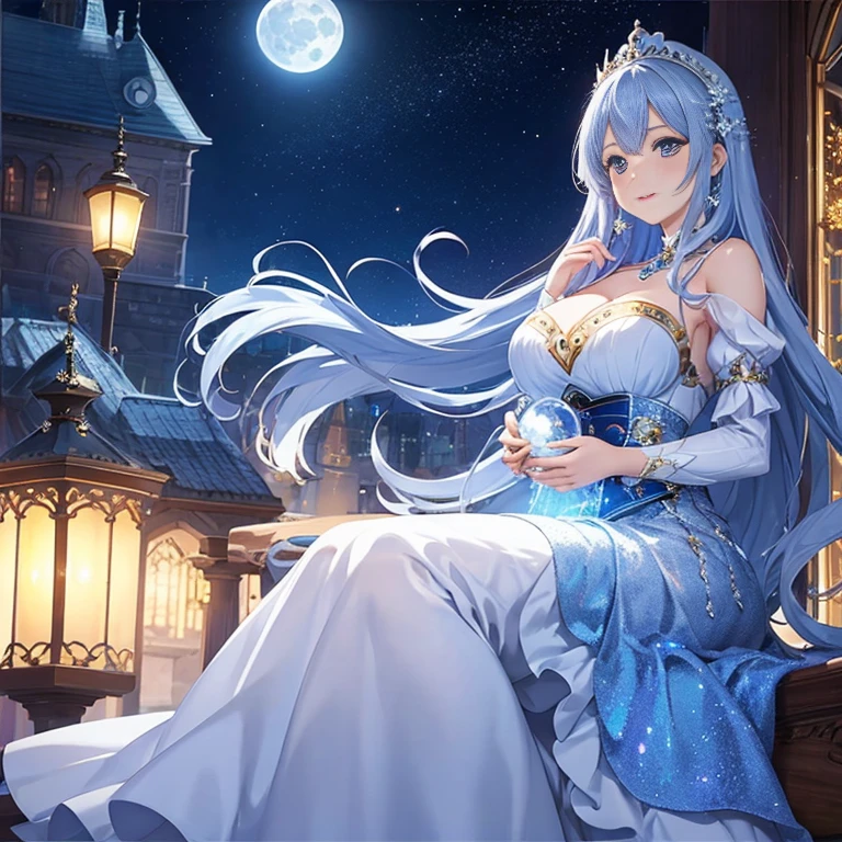 huge moon、1 girl, alone, world of stories, Cinderella, clear、jewelry, dress, glass、magic、fantasy、8K、Sparkling、cinematic light、The light sparkles、masterpiece、very detailed and beautiful