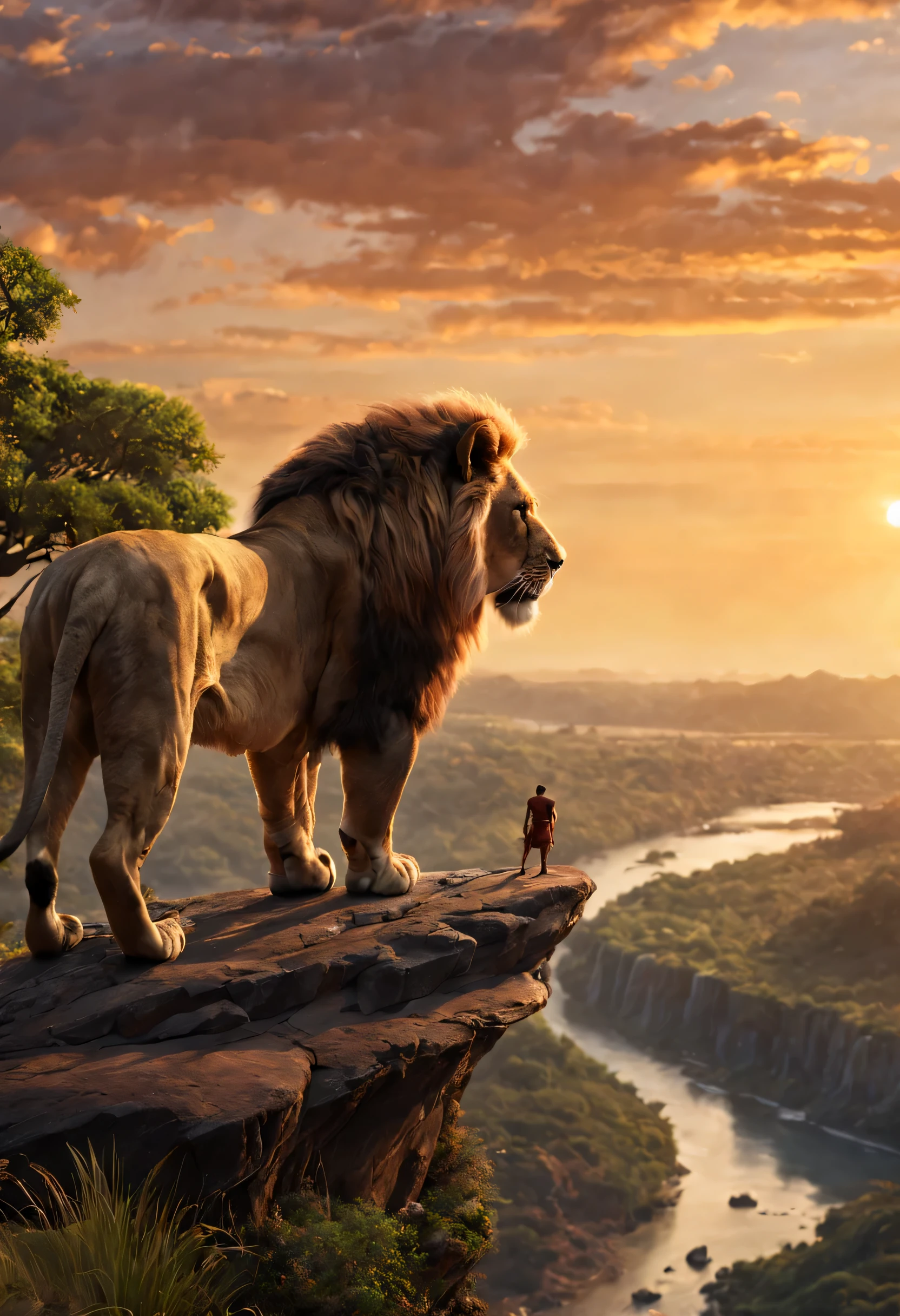 Arav stands on the cliff，In the background is a river, the lion king, Stunning matte painting, matte painting ”, Visually stunning scene, matte painting ”, normal. ”, widescreen shooting, high quality matte painting, Highly detailed matte painting, 史诗normal哑光, Stunningly beautiful matte painting, 3D rendering and cropping, Extremely fine matte