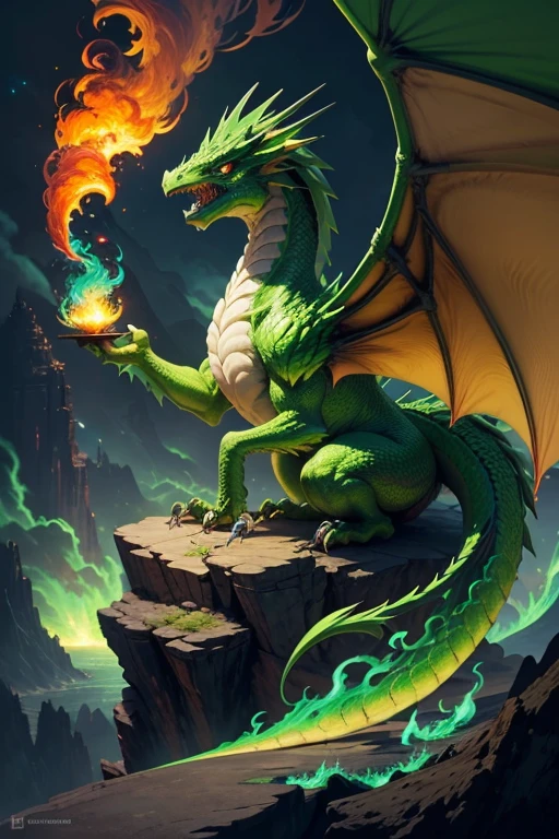 Green dragon with flaming wings exhales fire on top of a cliff. The Flaming Dragon breathes fire, volcanes, respirando fuego. energy elements, aura, Onda, particles, and harmony.
