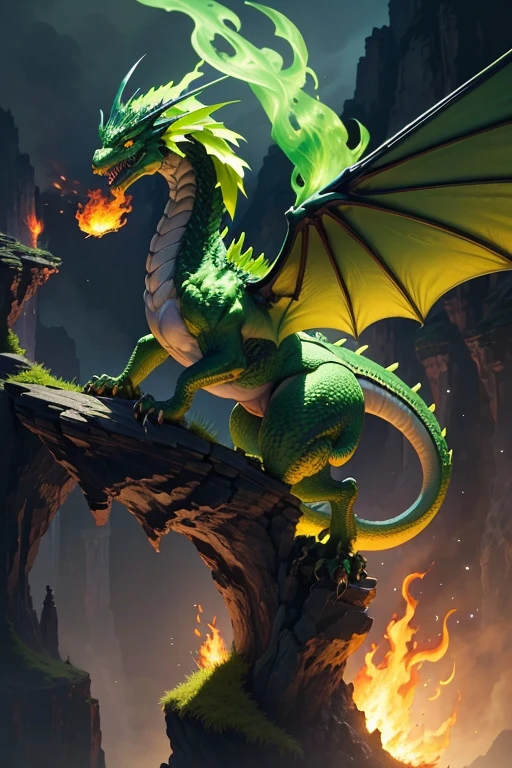 Green dragon with flaming wings exhales fire on top of a cliff. The Flaming Dragon breathes fire, volcanes, respirando fuego. energy elements, aura, Onda, particles, and harmony.