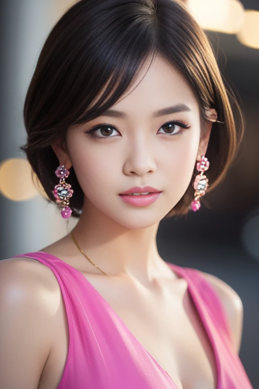 female idol、shiny lip gloss、smiling face、smoky eyeshadow、winged eyeliner、((dramatic lashes))、female silk dress(neon gold)、flowers、colorful short hair(neon fuchsia)、flowers in the hair、conceptual art, High quality, Realistic, extremely detailed CG unified 8k wallpaper, highly detailed, High-definition raw color photos, professional photography, Cinematic Light, Beautiful detailed, Super Detail, high detail, (((Bokeh))), depth of fields, illumination, City Street, Super stylish lighting